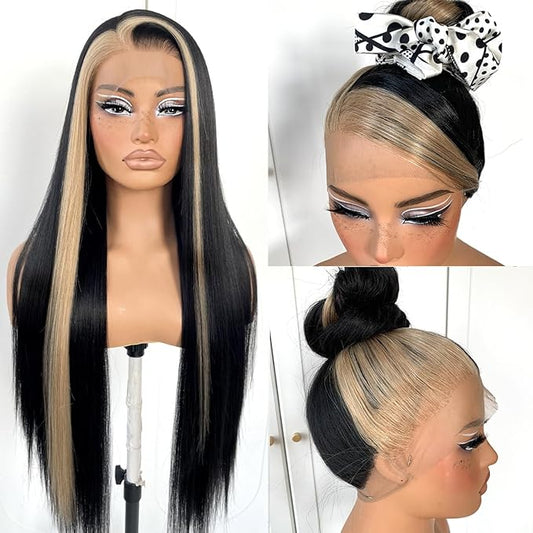 360 Skunk Srtipe Lace Front Wig Pre-Plucked Straight HD Glueless Lace Front Wig Synthetic Highlights Long Straight Lace Front Wig 32inch
