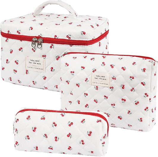 Quilted Makeup Bag,Large Cosmetics Bag Set,Cotton Coquette Floral Make up Pouch,Travel Toiletry Bag for Women