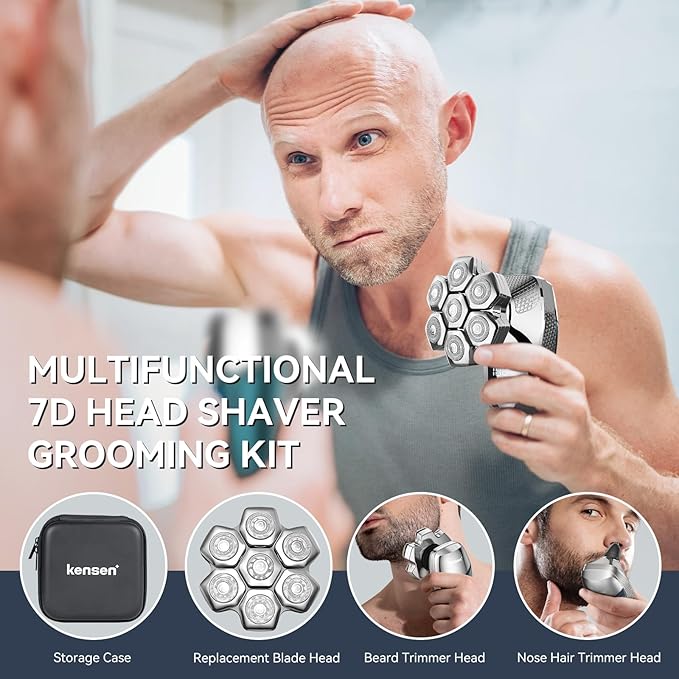 7D Head Shaver kensen 2024 Upgrade Head Shavers for Bald Men, Detachable Electric Razor with Beard Nose Hair Trimmer, Waterproof Wet/Dry Mens Grooming Kit, LED Display, USB Rechargeable, Gift Trave