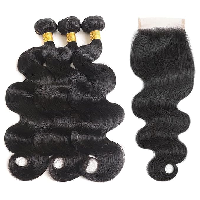 Bundles with Closure Human Hair Body Wave 14 14 14+12 Inch 100% Unprocessed Brazilian Virgin Human Hair 3 Bundles with Closure Human Hair Extensions with 4x4 Free Part Lace Closure Natural Black