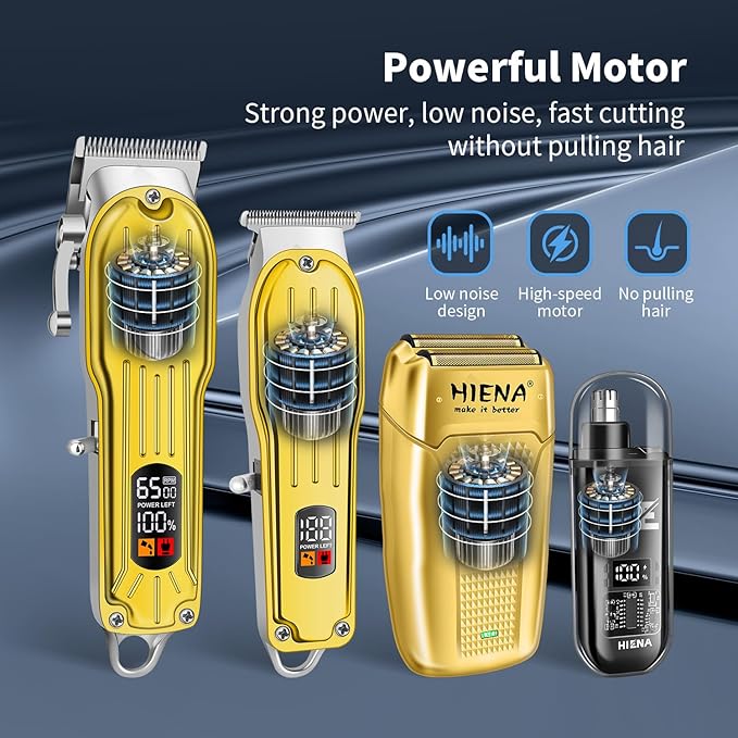 Professional Hair Clipper Set, Rechargeable Cordless Barber Kit and Hair Cutting Set, Electric Foil Shavers and Beard Trimmers, Ear, Nose Hair Trimmer Set & Facial Grooming Tool (Gold)
