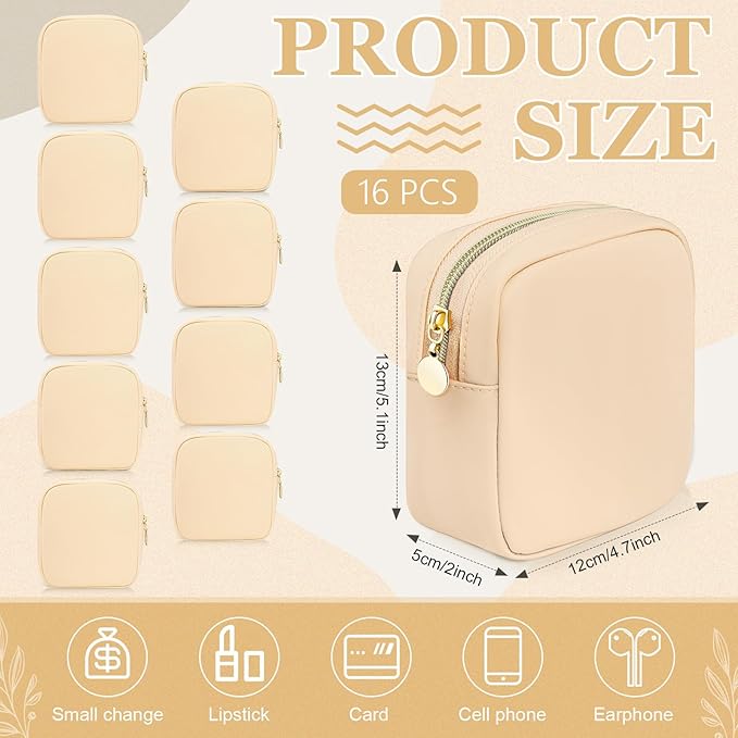 16 Pcs Mini Makeup Bags Bulk Nylon Cosmetic Pouch for Purse Travel Toiletry Organizer for Women, Small Zipper Preppy Coin Purse for Custom Valentines Day Gifts