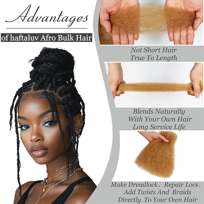 Afro Kinkys Bulk Human Hair 10 Inch 100g Honey Blond Afro Kinky Curly Human Hair Bulk for Dreadlock Extensions, Micro Locs, Braiding Twists, Braids and Repair Locs(10 Inch, 27#)