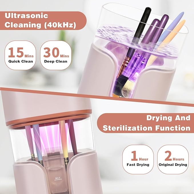 2 In 1 Electric Makeup Brush Cleaner Ultrasonic Cleaner Machine With 95℉ Hot Air Cycle Dryer - Ultra Fast Effective Make Up Brush Washer (Pink)