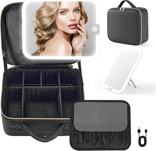 Makeup Bag with Removable Lighted Mirror, Travel Make up Bag with Lights Portable Makeup Case Organizer with Mirror 360° Adjustable Angle, Partitionable Cosmetic Bag Accessories Makeup Train Case Gift