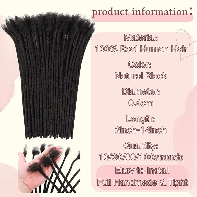 4 Inch Loc Extensions Human Hair 0.4cm Thickness 10 Strands 100% Full Handmade Permanent Dreadlock Extensions Real Human Hair For Women Men Kids Can Be Dyed Bleached Curled (Width 0.4cm Natual Black)