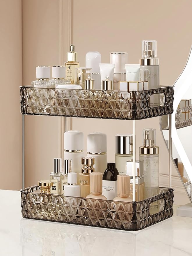 Makeup Organizer for Vanity, High-Capacity Clear Makeup Storage Perfume Organizers,Cosmetic Display Cases,Bathroom Countertop Organizer (Crystal Black, 2Tier)