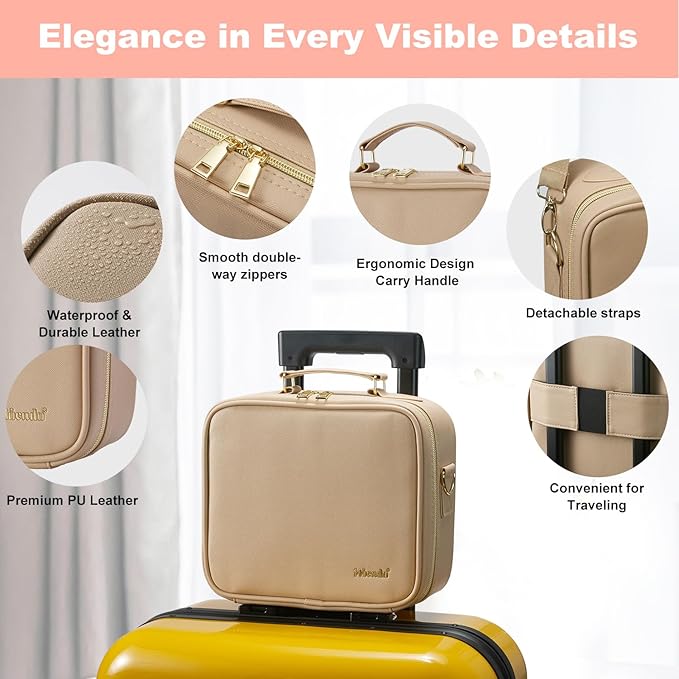 Mocado Travel Makeup Bag with LED Lighted Mirror,Travel Makeup Organizer,Makeup Case with 3 Color Lighted Setting and 10x Magnifying Mirror,Portable Storage and Adjustable Dividers Makeup Box(Khaki)