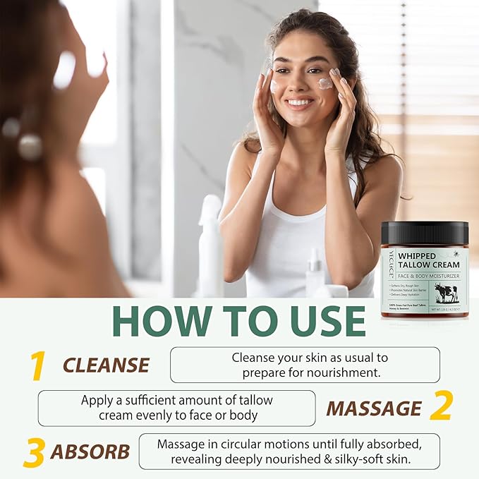 Whipped Beef Tallow for Skin, Organic Face Moisturizer with Grass Fed Beef Tallow & Raw Honey, Deeply Moisturizes Face & Body, Reduces Skin Irritation and Sensitivity, 4.2 Oz