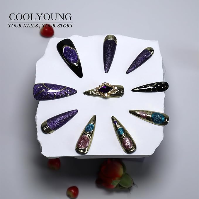 Homemade Press On Nails, Stiletto Press On Nails, Purple Nails, Metallic Press On Nails, 3D Press On Nails, Gel Press On Nails, Acrylic Press On Nails, Gifts for Women, COOLYOUNG Nails, 10 PCS,Size S