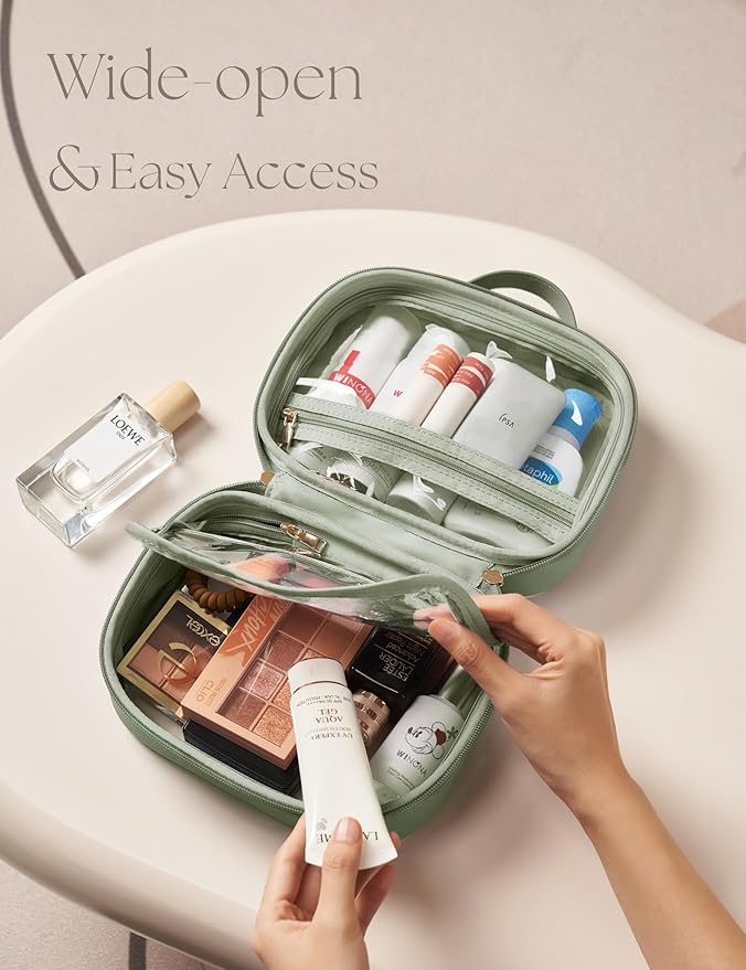 Clear Cosmetic Bag Double Layer 4 Compartments Travel Toiletry Bag Clear Makeup Bag Case with Zipper Transparent Travel Bag for Toiletries, TSA Approved, Gift for Women Girls (Sage Green)