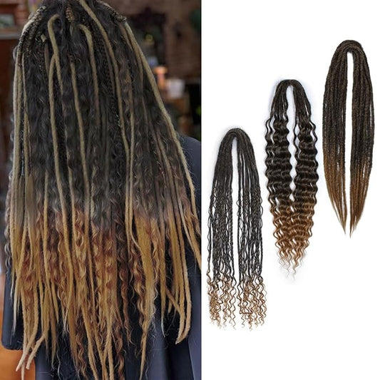 24 Inch Double Ended Dreadlock Extensions Sets, 20 Strands 3 In 1 Mixed Synthetic Dreads Extensions, Ombre Brown Straight&Curly&Boho Handmade Dreads Hippie Style Dreadlocks for Woman