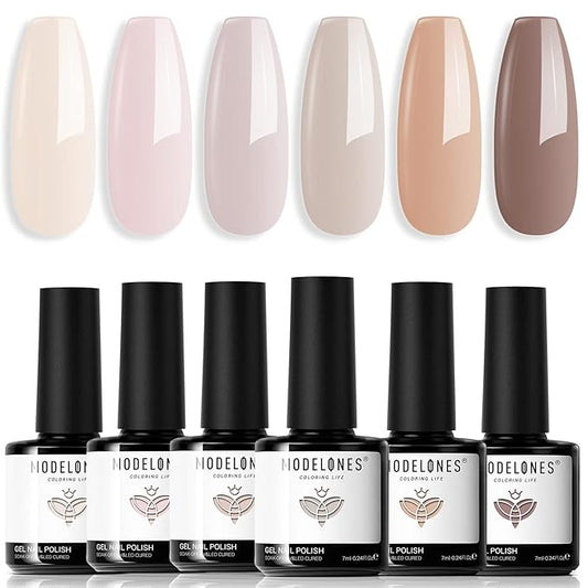 modelones Nude Gel Nail Polish Set 6 Colors, Nuetral Skin Tones Beige Taupe Ivory White Grey Light Brown Gel Polish All Seasons, Soak Off Soapnails Manicure Kit Nail Art Design Salon at Home Gift