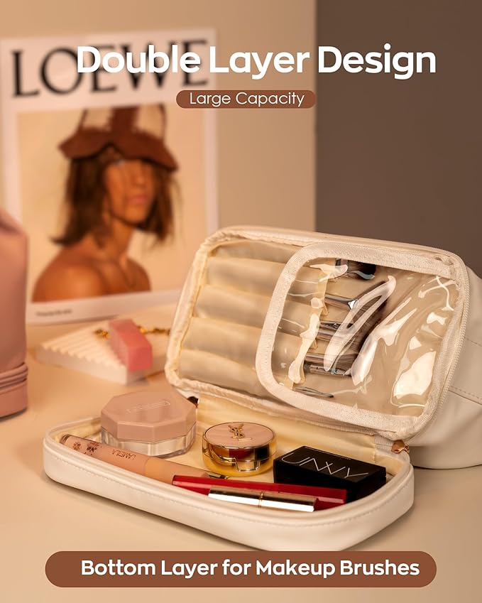 Gifts for Women, Personalized Makeup Bag with Handle, Initial Double Layer Cosmetic Bag with Makeup Brush Organizer, PU Leather Travel Toiletry Bag, Gifts for Friends Female Mom