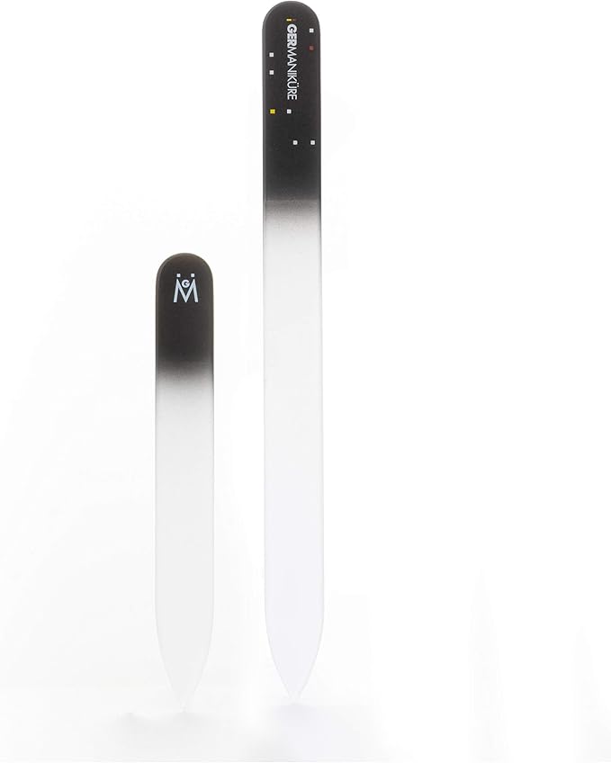 GERMANIKURE 2 Pc Black Glass Nail File Set with Suede Sleeves - Fingernail File & Small Travel Nail File - Professional Manicure & Pedicure Kit for Natural Nails - Ethically Made in Czech Republic
