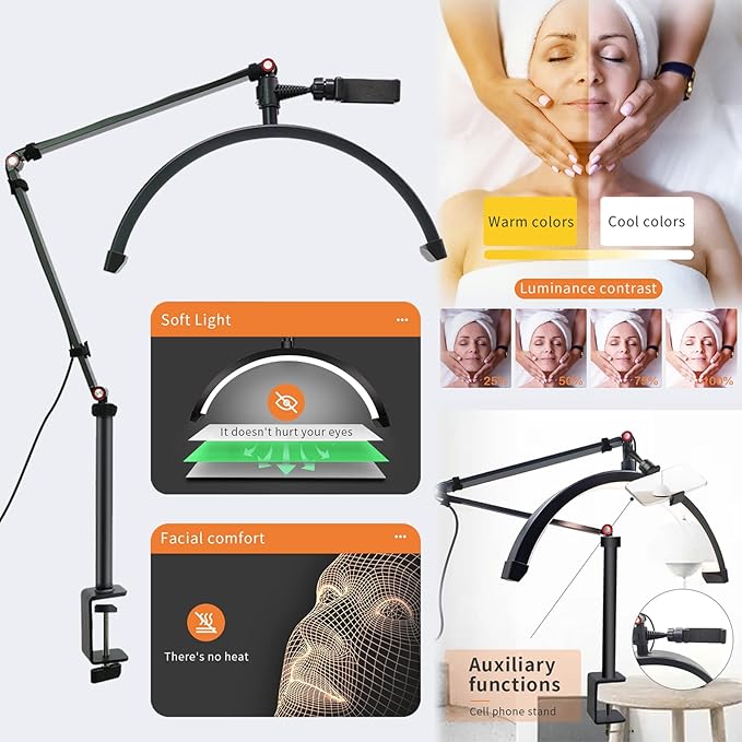 Desk Lash Light, Adjustable Brightness Half Moon Lamp, Adjustable Height Lash Lamp for Eyelash Extensions, Tattoo Artists & Nail Tech, 16in