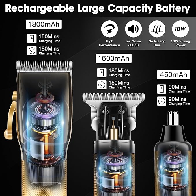 Professional Hair Clippers for Men,Cordless Barber Clippers,Beard Trimmers and Nose Hair Trimmer Kit,Mens Grooming Haircut Kit with LED Display,Gold