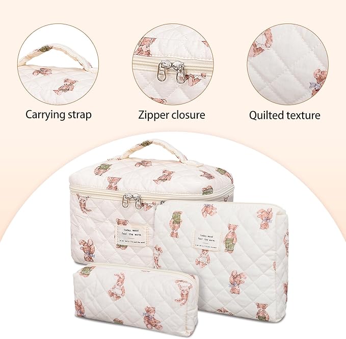 Quilted Makeup Bag,Large Cosmetics Bag Set,Cotton Coquette Floral Make up Pouch,Travel Toiletry Bag for Women