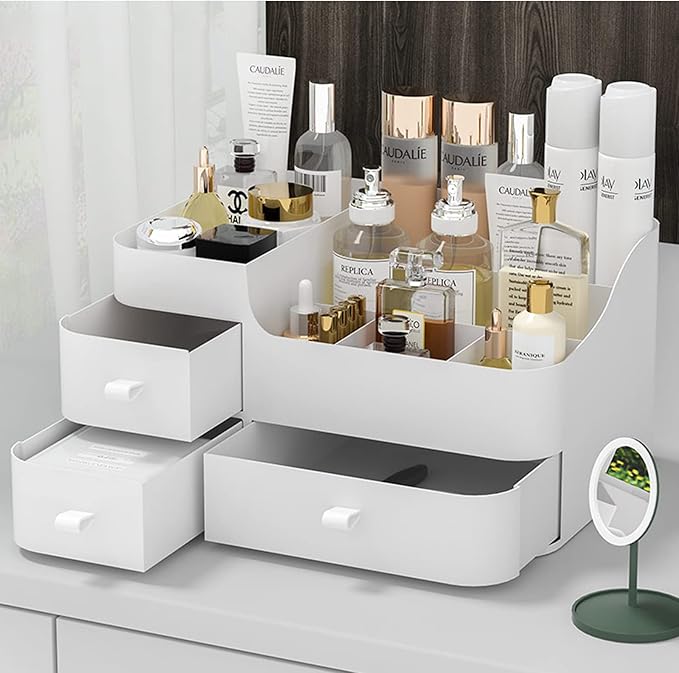 skin care organizer,Makeup Desk Organizer With Drawers ,Countertop Organizer for Cosmetics,Vanity brush with Holder for Lipstick, Brushes, Eyeshadow, and Desktop Finishing Dresser (A-Large-White)