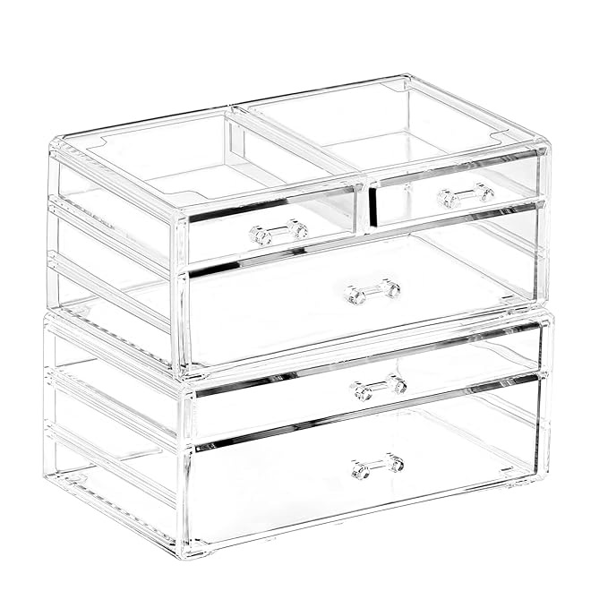 Cq acrylic 2 Pack Clear Acrylic Drawer Organizer Countertop,Stackable 5 Drawers Makeup Storage,Cute Cube Make Up Organizer for Dresser Hair Clip,Beauty Product Desk and Bathroom Organizers and Storage