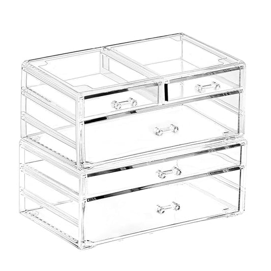 Cq acrylic 2 Pack Clear Acrylic Drawer Organizer Countertop,Stackable 5 Drawers Makeup Storage,Cute Cube Make Up Organizer for Dresser Hair Clip,Beauty Product Desk and Bathroom Organizers and Storage