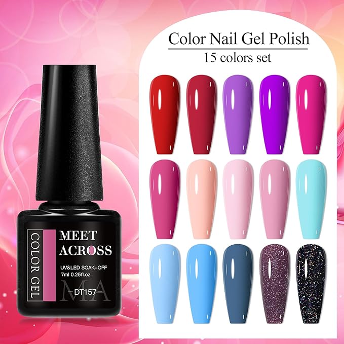 MEET ACROSS Gel Nail Polish Set 18Pcs Nude Gel Polish Set 15 Colors Red Pink Purple Sky Blue Nail Polish Kit Soak Off Nail Set Gifts for Women