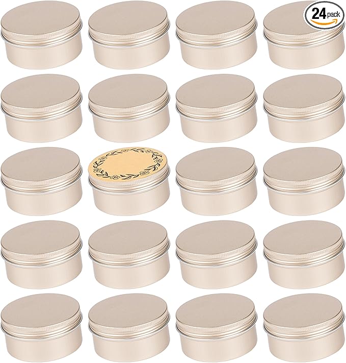 24 Pack 4oz/120ml Screw Top Aluminum Tin Jars with Screw Lids and Blank Labels - Refillable 120ml Metal Containers for Lip Balms, Candles, Salves, Spices, Crafts(Champagne)