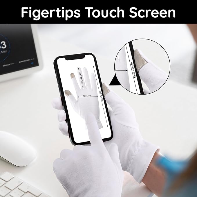 Segbeauty 24 Counts Moisturizing Cotton Gloves with Touchscreen Fingertips, Sleeping Gloves for Dry Hands with Elastic Band, Soft Hand Gloves for Women Men Cotton Sleep Gloves for Coin Art Work Medium