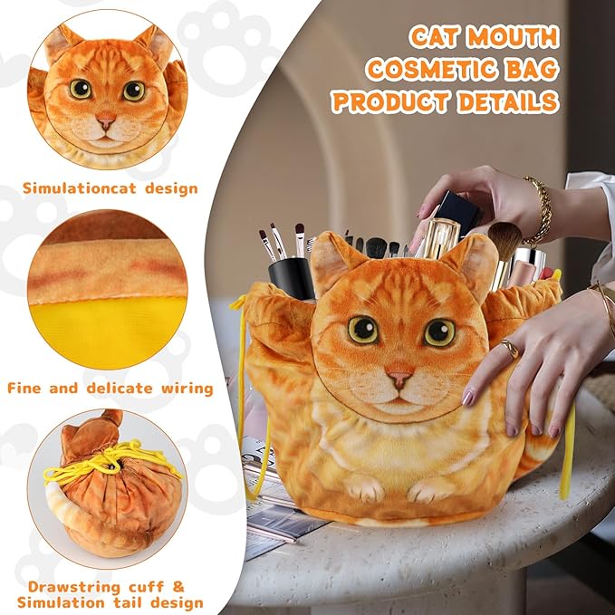 Drawstring Makeup Bag - Travel Organizer, Cosmetic Pouch, Cat Gift for Women, Lay Flat Bag for Cat Lovers