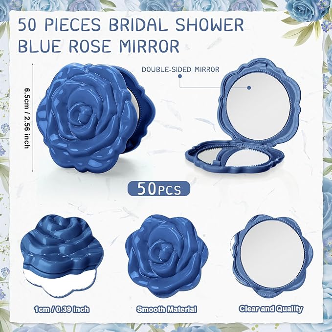 50 Sets Bridal Shower Party Favors for Guests Small Rose Compact Mirror Bulk Wedding Favors Thank You Cards and Organza Bags Wedding Party Guests Souvenir Gift (Blue)