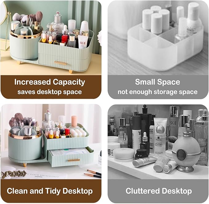 Rotating Makeup Organizer for Vanity with Brush Holder and Drawer, Cosmetic Makeup Storage, Large Spinning Makeup Skincare Organizer, Countertop Makeup Perfume Organizer, Lotions Display Case (Green)