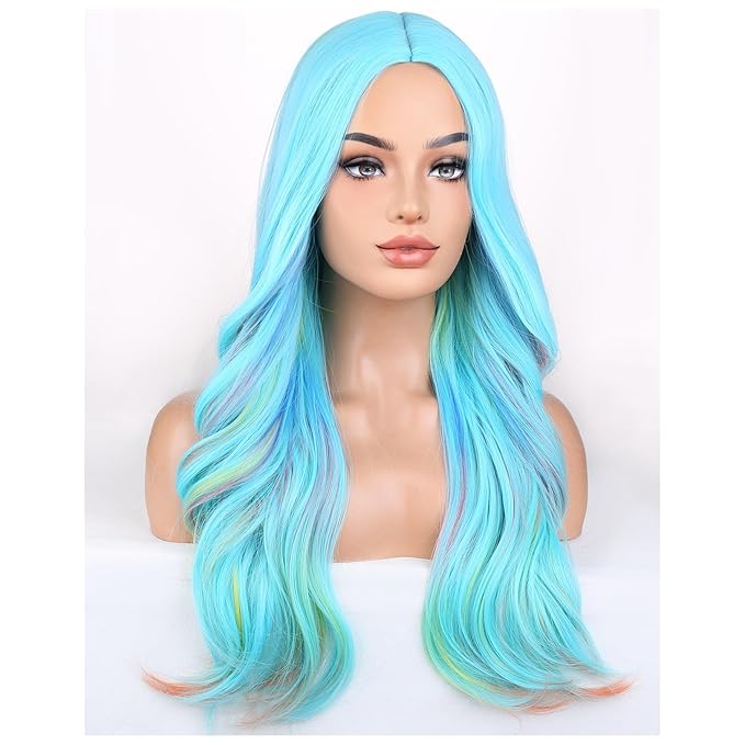 BERON Blue Mixed Colorful Wigs Long Wavy Wig for Women Girls Middle Part Heat Resistant Synthetic Hair Wigs for Cosplay Party Daily or Use
