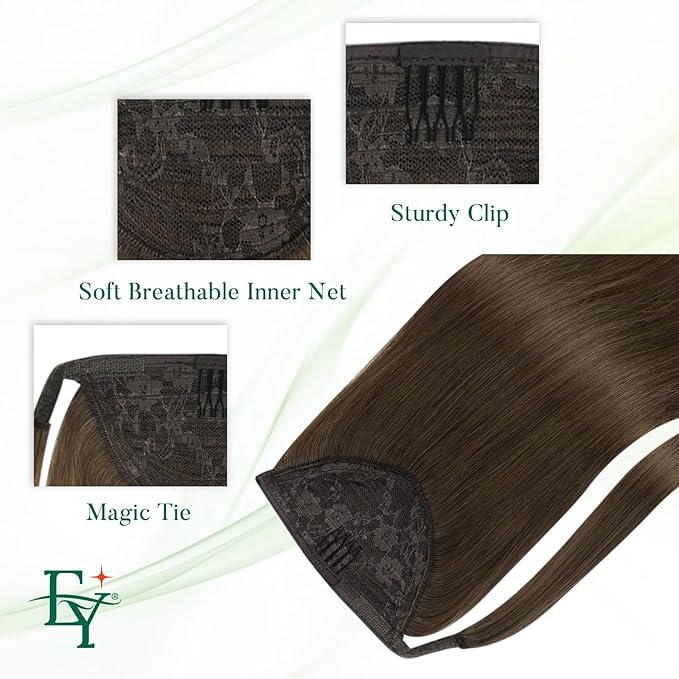 Easyouth Ponytail Extension Brown Human Hair Ponytail Extensions Wrap Around Ponytail Human Hair Pony Tails Hair Extensions Clip in Ponytail Extension Human Hair Milky Brown 16Inch 80g #4