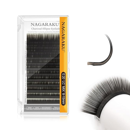 NAGARAKU Double Tips Flat Ellipse Eyelash Extensions Supplies 0.20 LC curl 8-15mm Mix Natural Charcoal Color Faux Mink Super Soft Split Tips Lash Individual Lashes