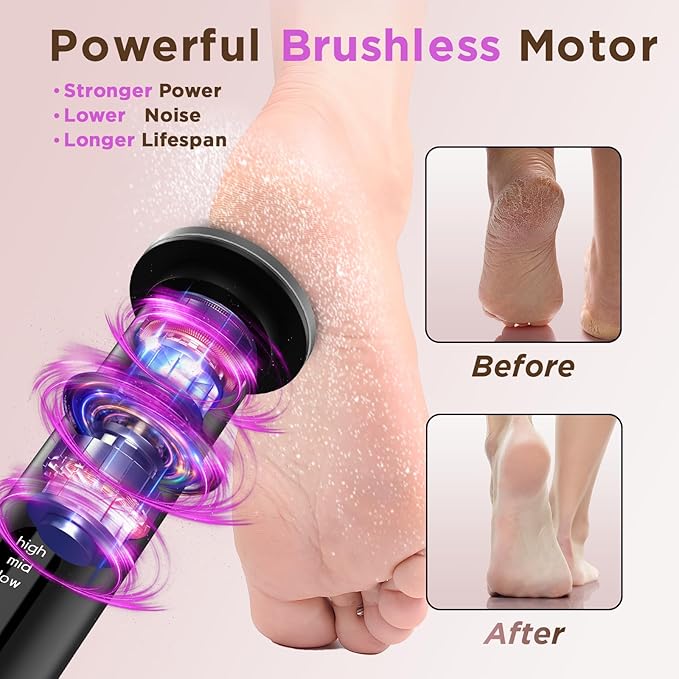 Electric Foot Callus Remover with Nano-Glass Head, Brushless Electric Foot File with 60 Pcs Sandpaper Discs, Cordless Callus Remover for Feet with 3 Speeds, Mothers Day Gift, Pedicure Tools for Feet