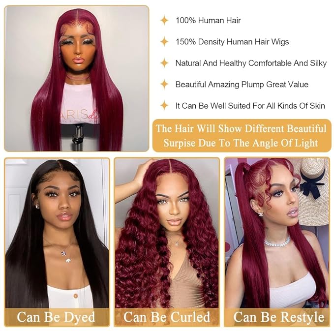 28Inch 99J Burgundy Straight Lace Front Wigs Human Hair Bleached Knots 13x4 HD Burgundy Lace Front Human hair wig Pre Plucked with Baby Hair 150% Density Glueless Wigs Human Hair Natural Hairline Red