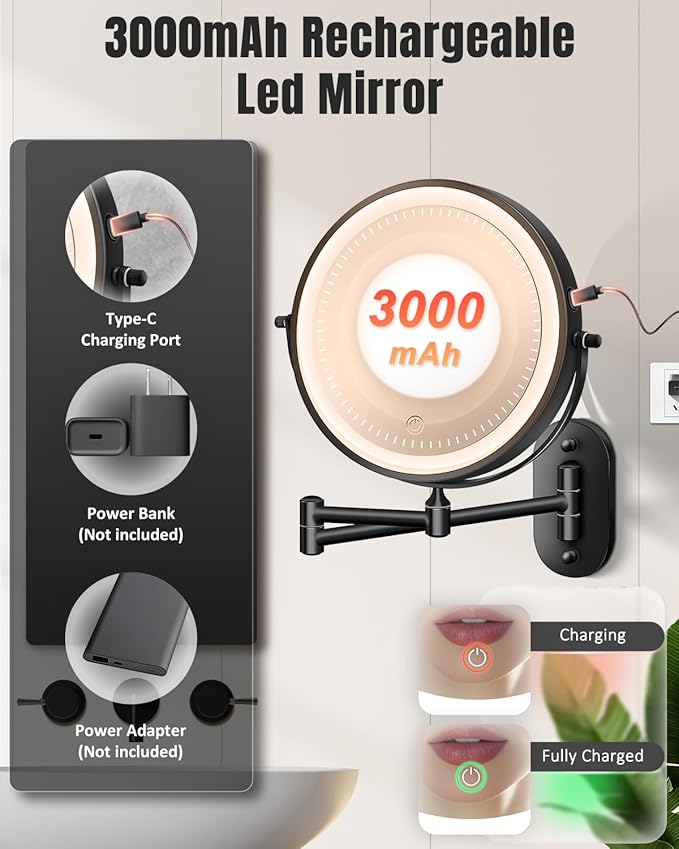 30X/1X Wall Mounted Lighted Makeup Mirror, 8'' Double Sided Rechargeable Magnifying Bathroom Mirror with Light, 3 Color Lights Touch Dimmable Extended Arm 360 Rotation Light up Mirrors