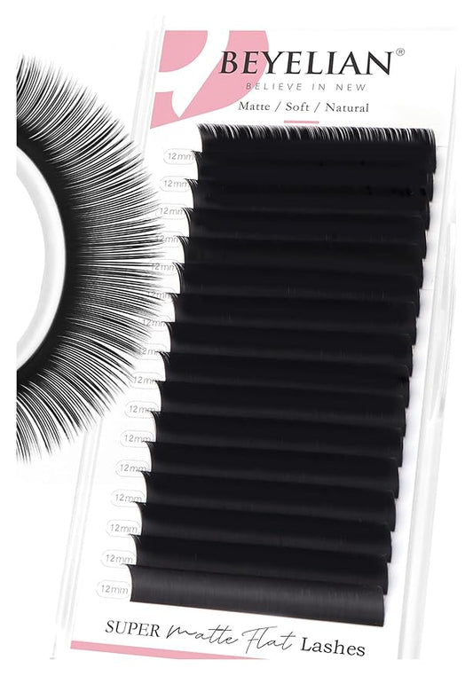 BEYELIAN Flat Eyelash Extension, Ellipse Lash Extensions 0.20 D Curl 12mm 16 Rows Matte Black Eyelash Extension Supplies Classic Lash Extensions Individual Eyelashes Salon Use