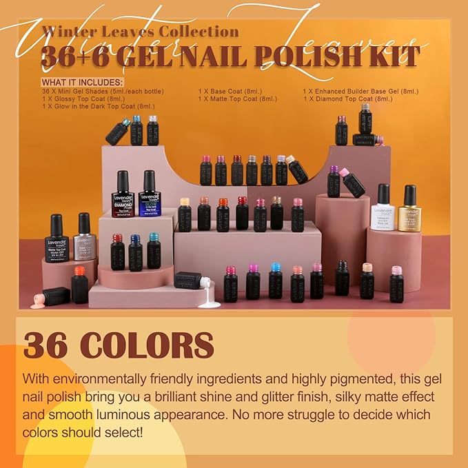 Lavender Violets 42 Pcs Gel Nail Polish Set, 36 Colors with 6 Bottles of Base Top Coat, Glossy Matte Diamond Shine Glow in the Dark Top Coat All Season for Nail Art Designs C952