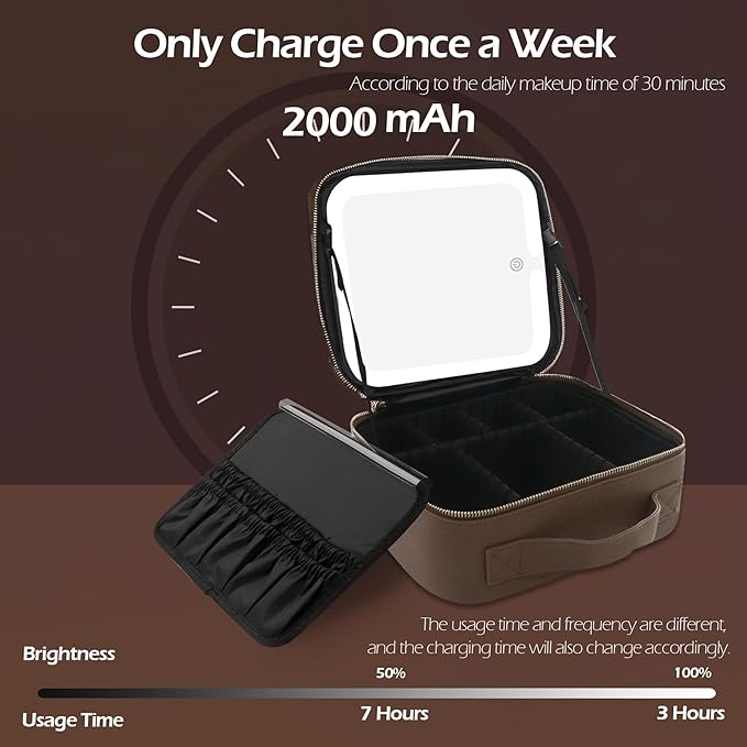 MOMIRA Travel Makeup Bag Cosmetic Bag Makeup Organizer Bag with Lighted Mirror, Adjustable Brightness in 3 Color Scenarios, Waterproof Makeup Train Case, Gift for Women - Brown