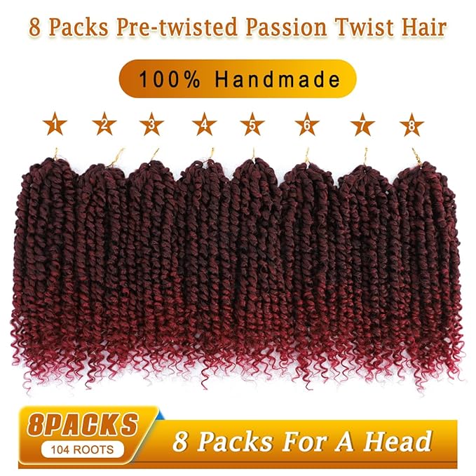 8 Packs Ombre Red Pre-Looped Passion Twists Braiding Synthetic Hair, Pre-Twisted Passion Twist Hair 12 Inch, Short Passion Twist Crochet Hair for Women Crochet Passion Twist Hair Extensions