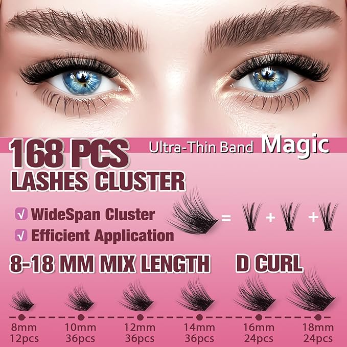 Magic Lash Clusters 8-18mm Volume Fluffy Eyelash Clusters D Curl - WideSpan DIY Eyelash Extension Cat Eye Lashes Individual Fake Eyelashes Clusters with 0.05mm Ultra-Thin Black Band