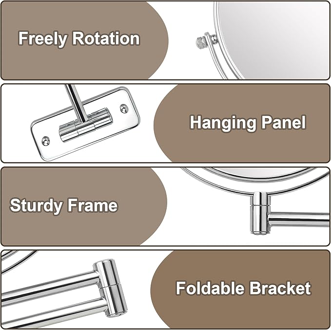 JANEEVA 8" Wall Mounted Makeup Mirror, 1X/10X Magnifying Mirror with 360° Extendable Arm Mirror for Bathroom-Double Sided Vanity Mirror for Man & Woman(Chrome)