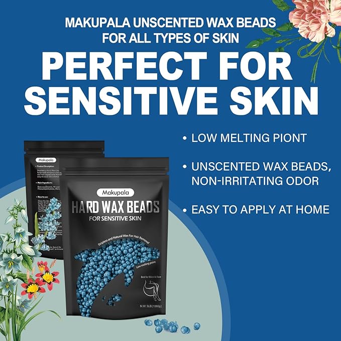 Hard Wax Beads for Sensitive Skin, 3lb Unscented Waxing Beads at Home for Brazilian Waxing Women Men, Professional Wax Beans Hair Removal for Body, Yoga, Bikini, Legs, Facial, Easy Use, Blue