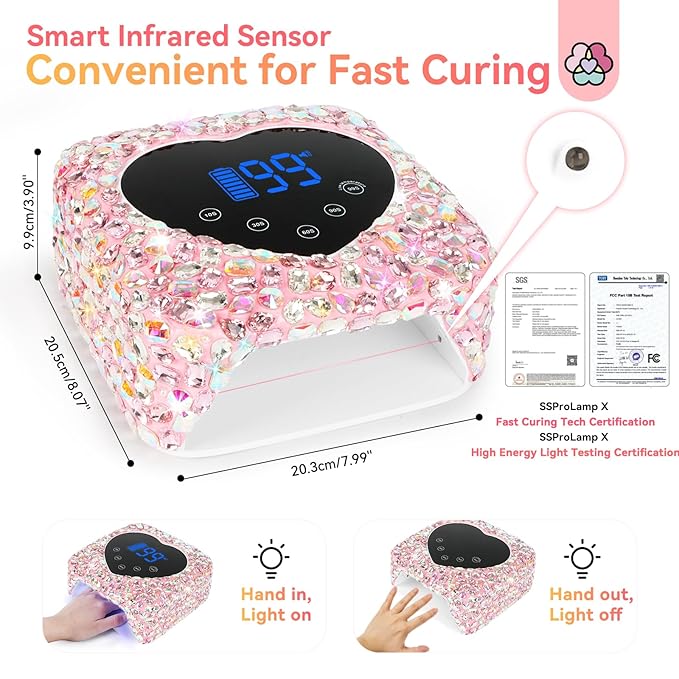 SAVILAND U V Nail Lamp: 10X Faster 72W Cordless U V Light for Gel Nails 9600mAh Auto Sensor Glitter Pink Rechargeable Long Endurance LED Nail Lamp 5 Timer Settings Nail Light with Rhinestones Salon