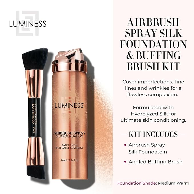 LUMINESS Silk Airbrush Spray Foundation & Buffing Brush Kit – Full Coverage Foundation & Dual-Sided Buffing Brush - Buildable Coverage, Anti-Aging Formula Hydrates & Moisturizes (Shade - Medium Warm)