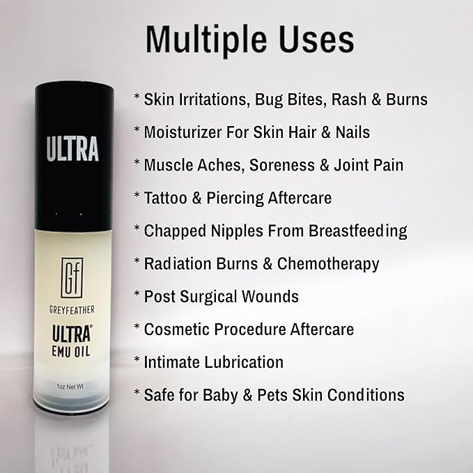 Greyfeather 100% Pure Emu Oil – Deeply Moisturizing & Soothing Treatment for Dry Skin, Joints, Scalp & Hair | All-Natural Anti-Inflammatory & Skin Repair Oil | Non-Greasy, Fast Absorbing (1 oz)