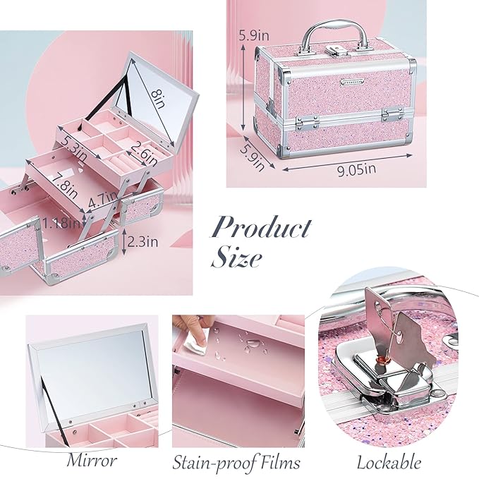 FRENESSA Makeup Case Organizer Portable Makeup Train Case Cosmetic Box with Mirror Jewerly Tray for Artist Nail Supplies Make Up Cases Organizers and Storage Vanity Cases Pink