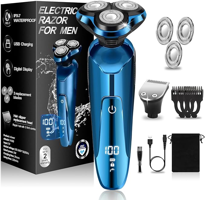 Electric Razor for Men,Men’s Electric Shavers Rotary,LED Display 100% Waterproof Cordless Razor, Wet/Dry Shaving,Electric Shaver for Men Replaceable Blades Portable Travel Razors