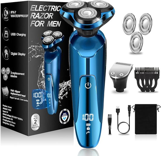 Electric Razor for Men,Men’s Electric Shavers Rotary,LED Display 100% Waterproof Cordless Razor, Wet/Dry Shaving,Electric Shaver for Men Replaceable Blades Portable Travel Razors